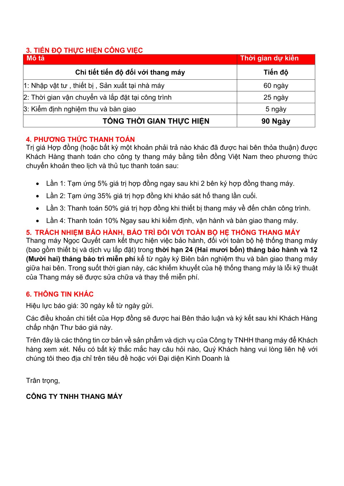 Nội dung hợp đồng dịch vụ lắp đặt thang máy của Công ty TNHH thang máy, tiến độ thi công và phương thức thanh toán